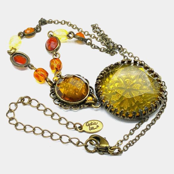 Cookie Lee Necklace Victorian Revival Filigree Y-Drop Beaded Bronze Tone Choker - Picture 2 of 10